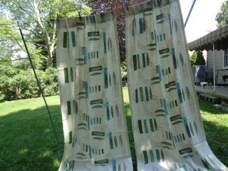 Pair Vintage Mid Century Barkcloth Fabric Drapes Geometric Design