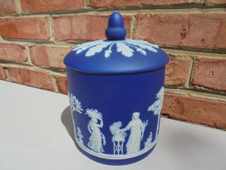 Antique Vintage Wedgwood Dark Blue Jasperware Oak Leaf Acorn Finial Tobacco Jar