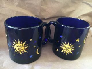 2 Vintage Libbey Libby Cobalt Blue Celestial Sun Moon Stars 12oz Glass Mug Cup