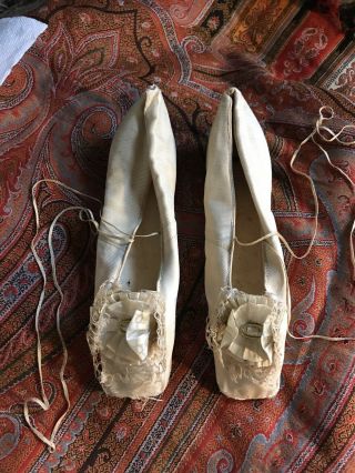 Antique Victorian White Silk Wedding Slippers Shoes