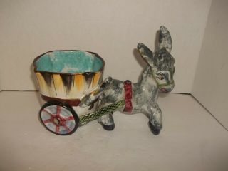 Vintage Large Italy Majolica Pottery Donkey Cart Planter 7/3530 10 " Shabby Chic