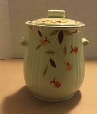 Vintage 9 " Tall Hall China Jewel Tea Autumn Leaf Cookie Jar W/ Gold Trim