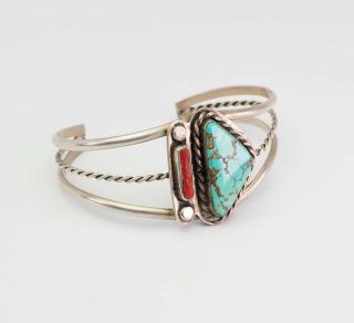 Vintage Sterling Silver Turquoise And Coral Native American Cuff Bracelet