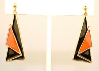 Vintage Arne Nordlie Norway Sterling Silver Orange Black Enamel Pierced Earrings