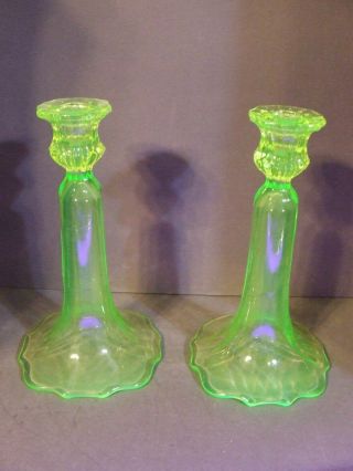 Vintage Yellow Green Uranium Vaseline Glass Candlestick Candle Holders