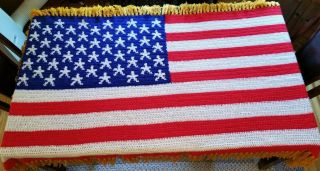 Vintage Handmade Crocheted American Flag W/fringes Blanket Afghan Throw 70 " X36 "