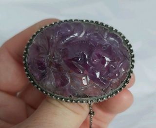 Vintage Chinese Silver Carved Purple Jade Brooch