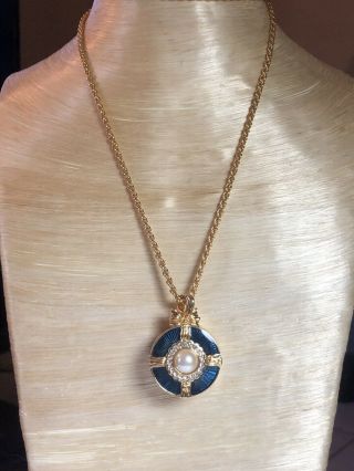 Vtg Swarovski Swan Necklace Signed Crystal Rhinestone Pearl Gold Locket