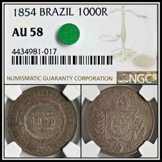 1854 Brazil 1000 Reis Ngc Au58 About Unc Silver Vintage Toned Classic Coin