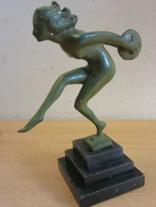 Vintage Art Deco Style Nude Woman Bronzed Figural Statue W/ Disc On Marble Base