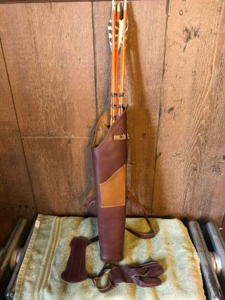 Vintage Fred Bear Back Quiver With Wood Arrows - Recurve Archery - Glove - Arm Guard
