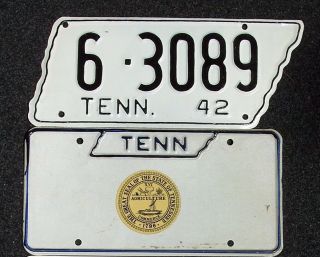 Vintage 1942 Tennessee State Shaped License Plate 6 - 3089 And 1 Tn,  Agriculture