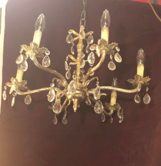 Vintage Mid Century Brass And Crystal Chandelier - Hollywood Regency