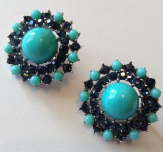 Vintage Crown Trifari Signed Turquoise And Blue Rhinestone Earrings
