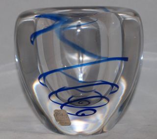 Vintage Kosta Boda Art Glass Vase Clear With Blue Threaded Swirl Swedish