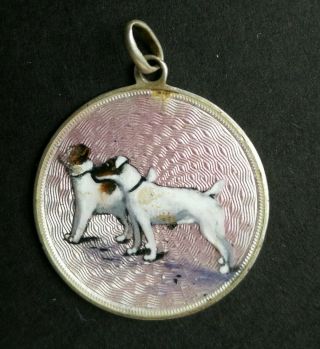 Vintage Antique Hand Painted Enamel Guilloche Silver Terrier Dog Pendant Medal