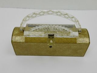 Vintage Patricia Of Miami Lucite Bakelite Gold Glitter Handbag Box Purse Clutch