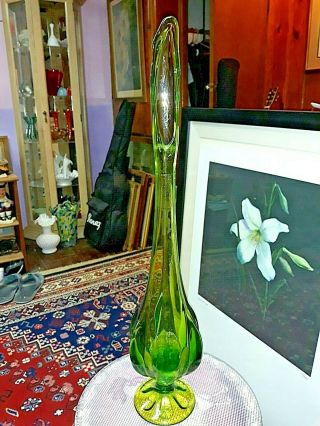 Vtg Viking Glass 22 " Green Hand Blown Swung 6 Petal Vase Mcm Retro Mid Century