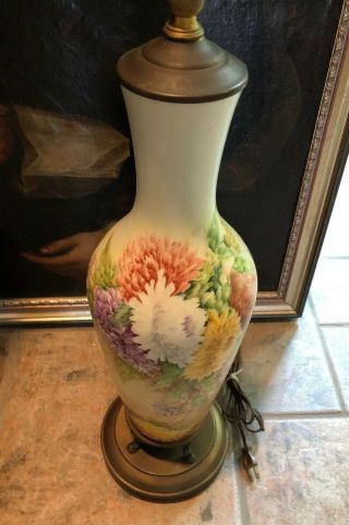 Antique Vintage Hand Painted Large Gorgeous Chrysanthemums Table Lamp