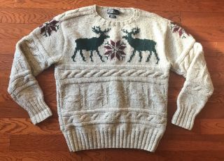 Vintage Polo Ralph Lauren Hand Knit Wool Sweater Flag Christmas Bear Medium M