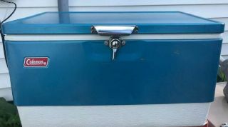 Vintage 1970s Coleman Large Metal Cooler Ice Chest Box Blue W/ Bottle Openers
