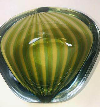 Vintage Green Striped Murano Triangle Geode Bowl Art Glass Dish Ashtray
