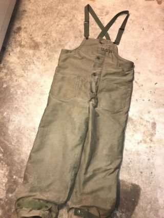 Vintage Wwii Us Navy Deck Pants Bib Overall Usn Wool Lined Military Suspender M