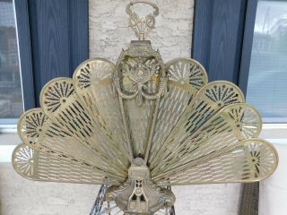 Rare Antique Ornate Brass Peacock Fireplace Fan Folding Screen Art Deco