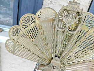 RARE Antique Ornate Brass Peacock Fireplace Fan Folding Screen Art Deco 5