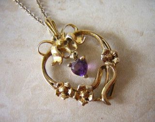 Vintage Lavalier Necklace With Amethyst Heart Drop In Silver Gilt Bow Design