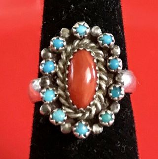 Vtg Native American 925 Sterling Silver Snake Eye Turquoise Coral Ring Sz 7.  5