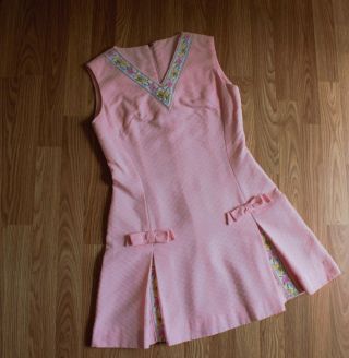 Vintage 1960s 1970s Large Flower Power Mod Gogo Dolly Pleated Novelty Mini Dress