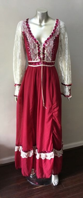 Gunne Sax Vintage 70s Retro Lace Long Sheer Sleeve Prairie Party Festivr Dress M