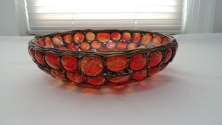 Mid Century Modern Vintage Lucite Acrylic & Metal Bowl Centerpiece Dish Amber