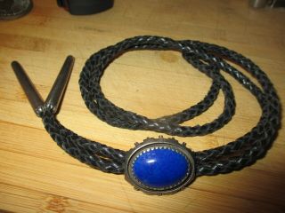 Vintage Sterling Silver Navajo Bolo Tie With Blue Gemstone Black Leather Cord