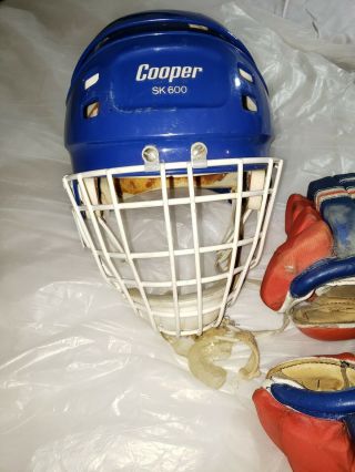 Cooper SK 600 S Vintage Hockey Helmet Blue Size Small w/ shield and gloves 2