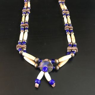 Vtg Native American Bone Bead Choker Necklace 2 Row Brass & Blue Glass Beads