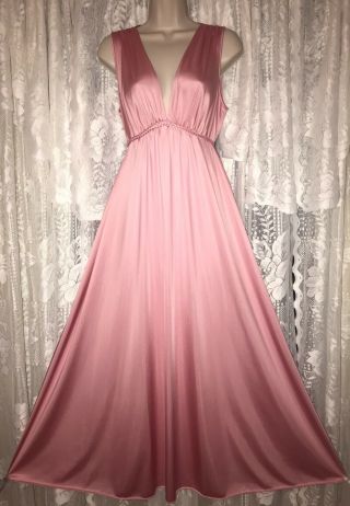 Vtg Vanity Fair Rich Rose Pink Nylon Nightgown Negligee Gown Braided Trim 36 38