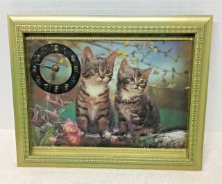 Vintage 3d Cat Kitten Floral Wall Clock 15 1/2 X 12 1/2 Inch Great Shape