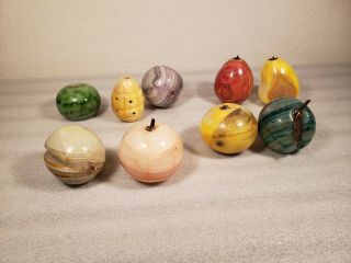 Vtg 9 Italian Hand Carved Colorful Veigned Alabaster Stone Decorative Fruits Gvc