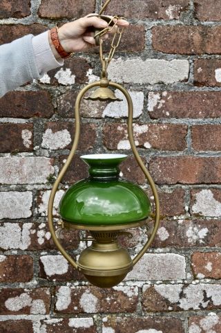 Vintage Brass Green Glass Shade Ceiling Hanging Oil Lamp Converted To Electric