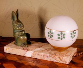 H Moreau French Art Deco Marble Table Lamp Light Bronze Bunny Rabbit 30s VINTAGE 2