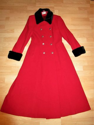 Vintage Cashmere Coat Red Wool & Black Faux Fur Military Double Breasted 12 Uk