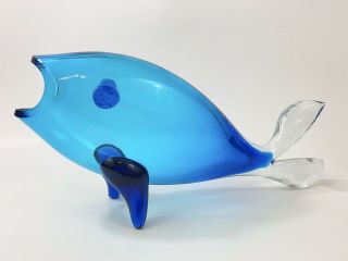 Vintage Blenko Mid Century Modern Blue Art Glass Fish Vase Clear Tail 12”