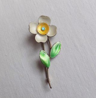 Vintage Silver Daisy Flower Brooch With Enamel