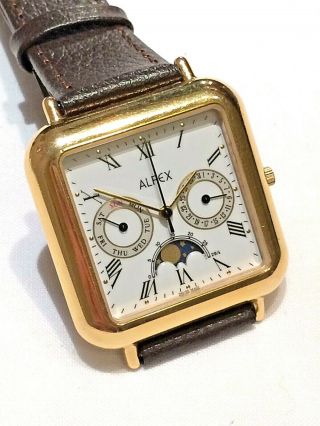 Vintage Swiss Made Alfex Gold Plated Moon - Phase Mens Dress Watch