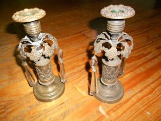 Vintage Pair Antique Crystal Drop Candle Holders - 4 Crystal Drops 9 " Hx3.  5w