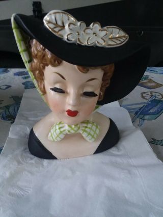 Vintage Napco Lady Head Vase C4414a Black Hat Green Plaid Scarf Foil 1959