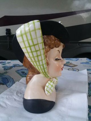 Vintage Napco Lady Head Vase C4414A Black Hat Green Plaid Scarf Foil 1959 3