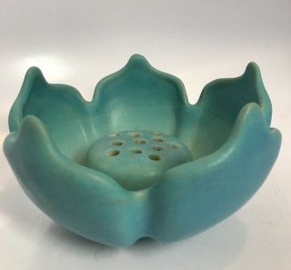 Vintage Van Briggle Ming Tulip Turquoise Pottery Bowl And Flower Frog